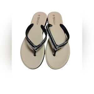 White Line Women's Black & Tan Rhinestone Bling Beaded Thong Sandals, Sz 10